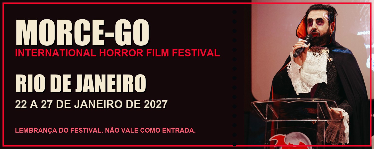 Arte de ingresso de lembrança do Morce-GO no Rio, com um vampiro ao microfone
